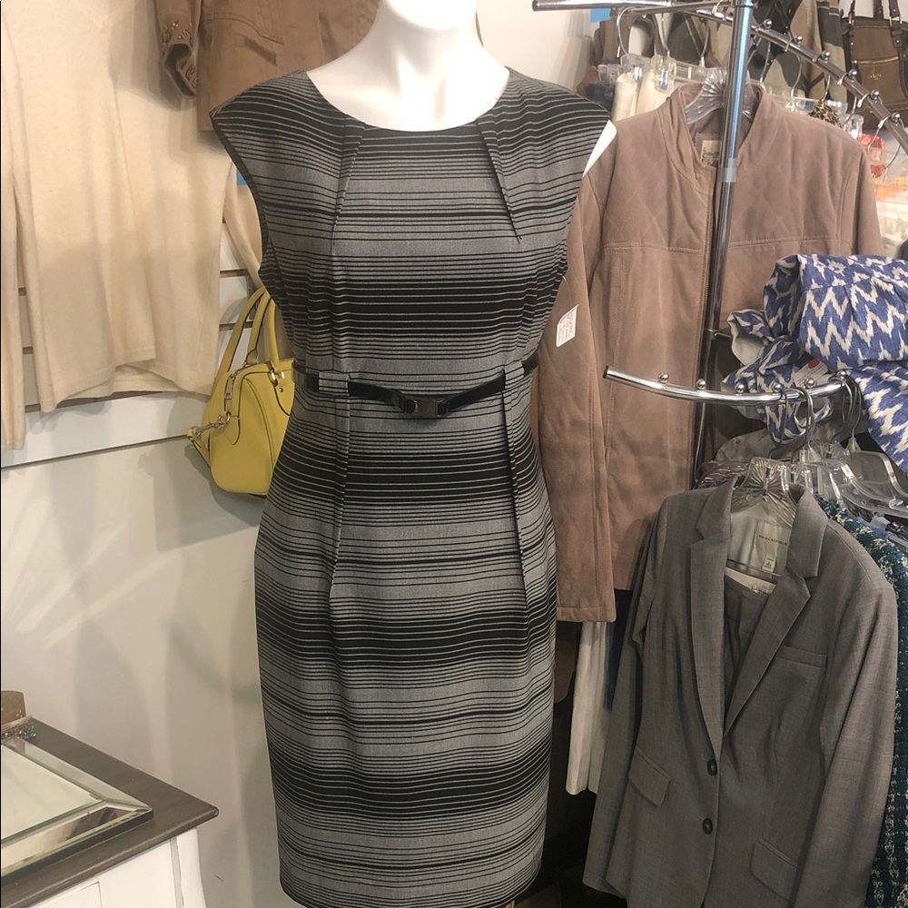 Calvin Klein Black and Gray Striped Midi Dress